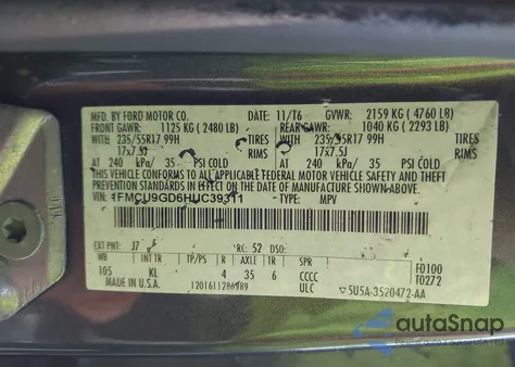 2017 Ford Escape Se из США, поврежденный, VIN 1FMCU9GD6HUC39311